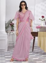 Shimmer Georgette Pink Party Wear Embroidery Work Ready To Wear Saree